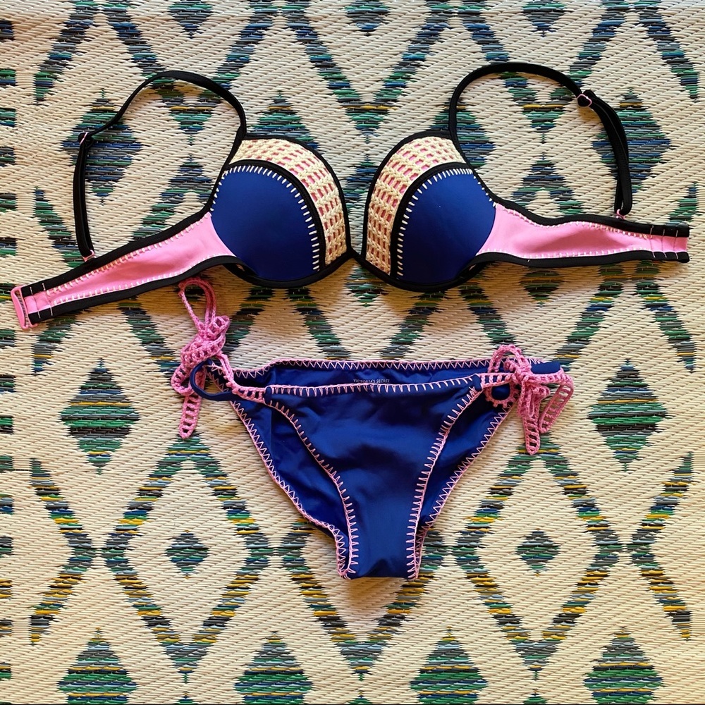 Blue & Pink bikini with crochet detail.